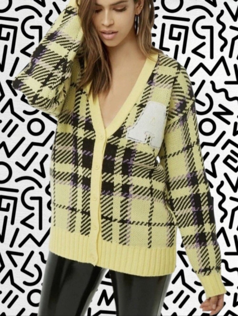 Womens Initial A Yellow Plaid V-Neck Button Cardigan Sweater